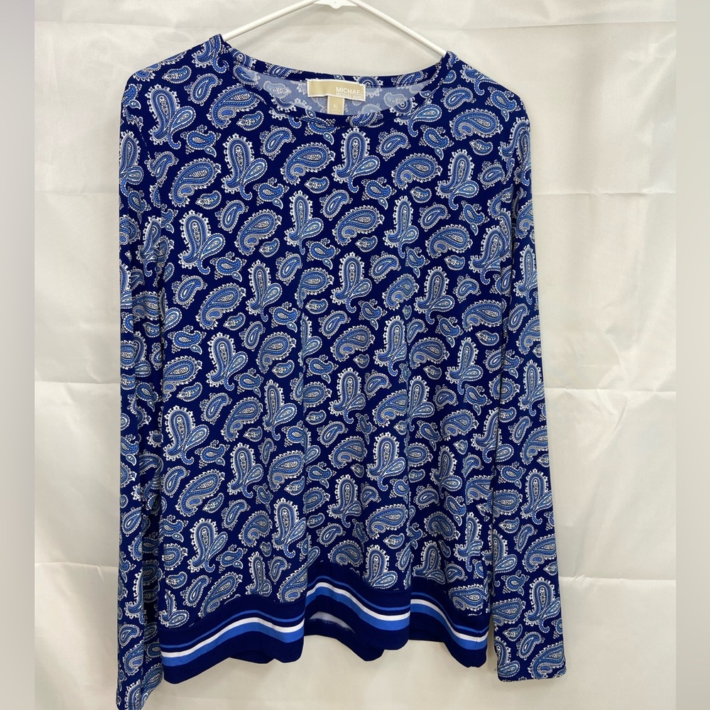 NWOT MICHAEL Michael Kors women’s sapphire blue paisley Crewcut stretch blouse